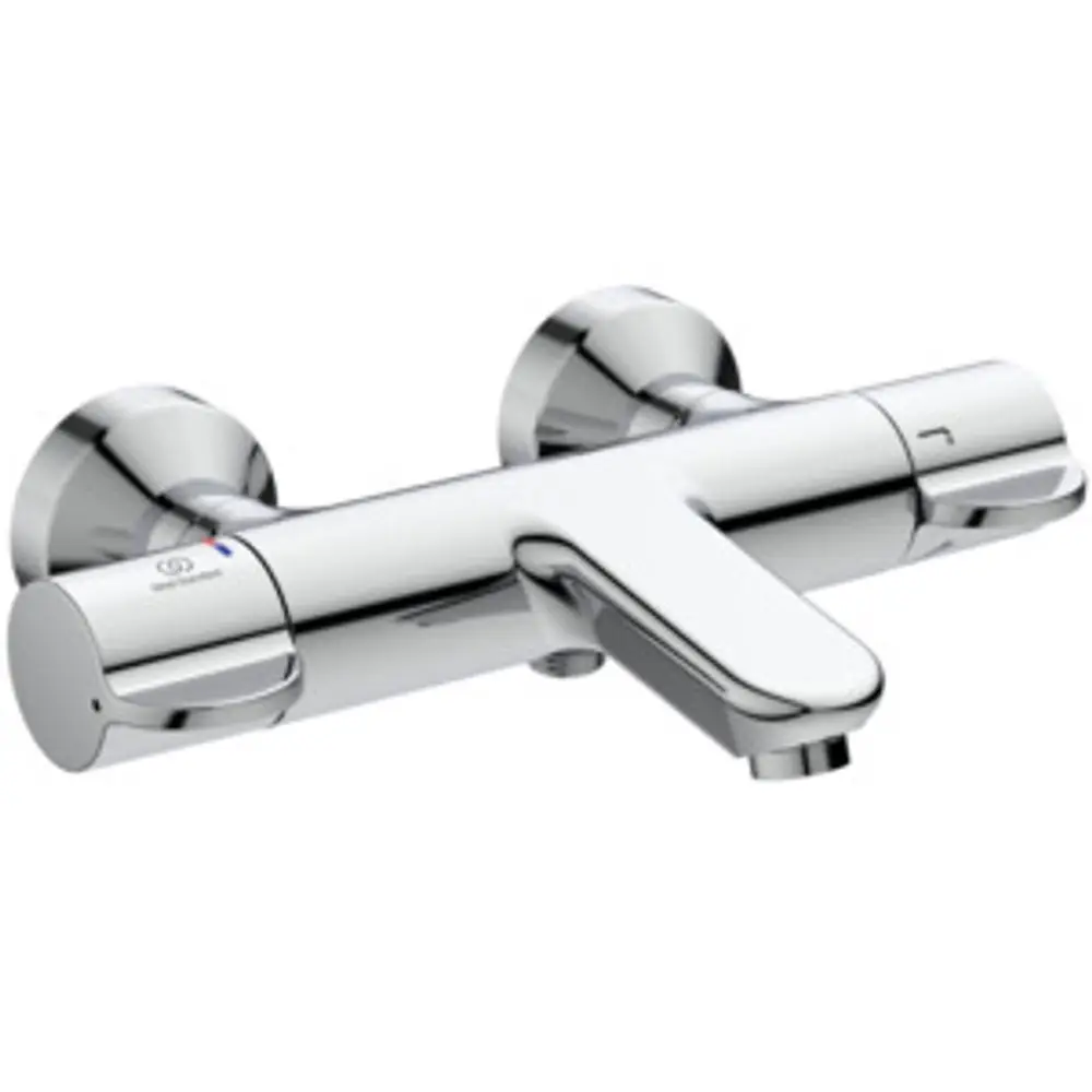 Thermostatarmatur aus Chrom von Ideal Standard mit zwei Bedienelementen und einem seitlichen Auslauf. Geeignet für Badezimmerinstallationen.